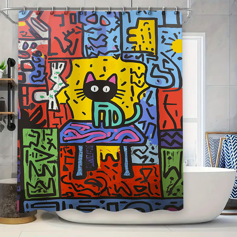 추상 고양이 디자인을 특징으로 하는 밝은 색상의 낙서  - Home Bathroom Remodel 리뷰 및 가격